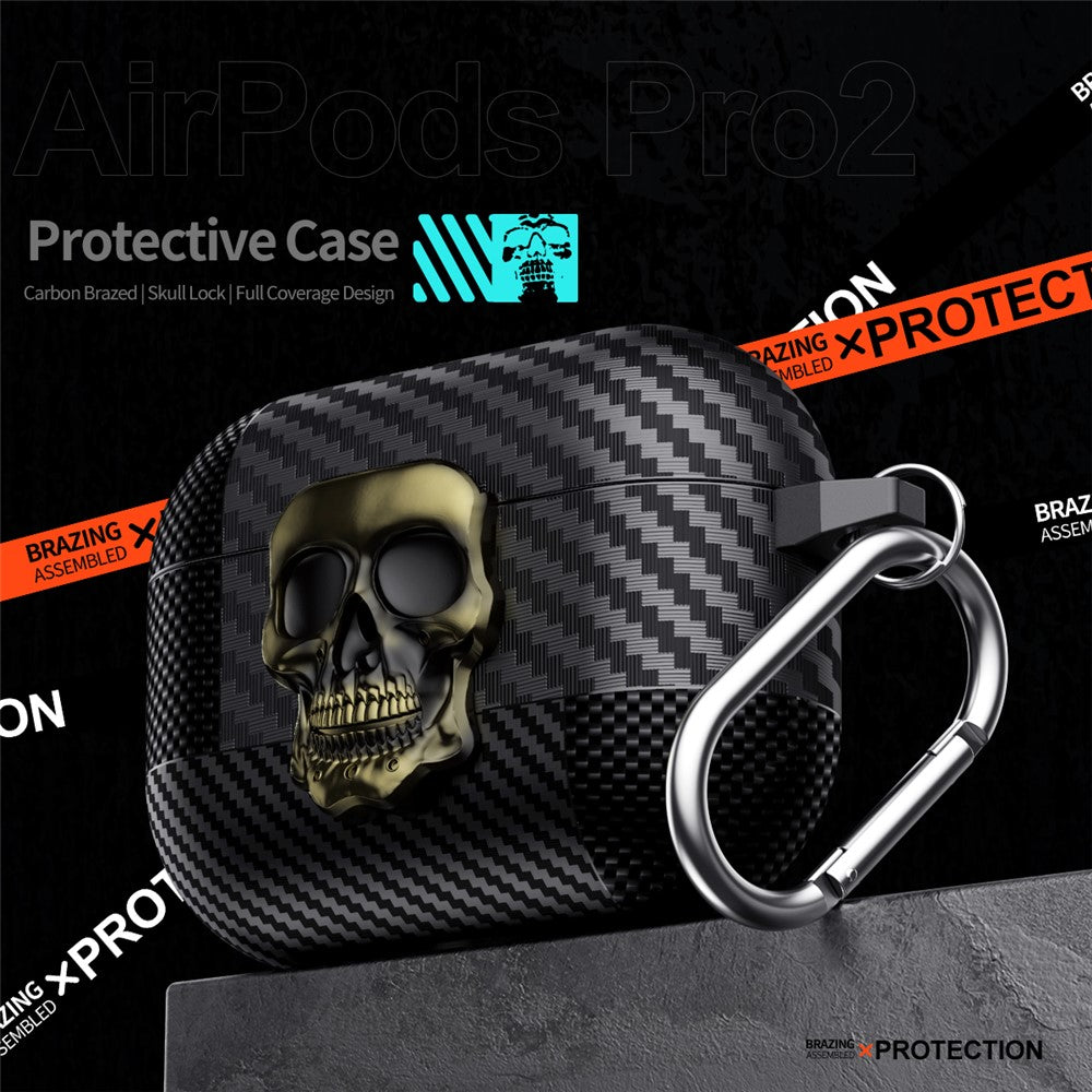 Compatible With  AirPods 5 / 4 Protective Case Skull Design Snap Switch TPU + Metal Earphone Cover with Carabiner - Bronze