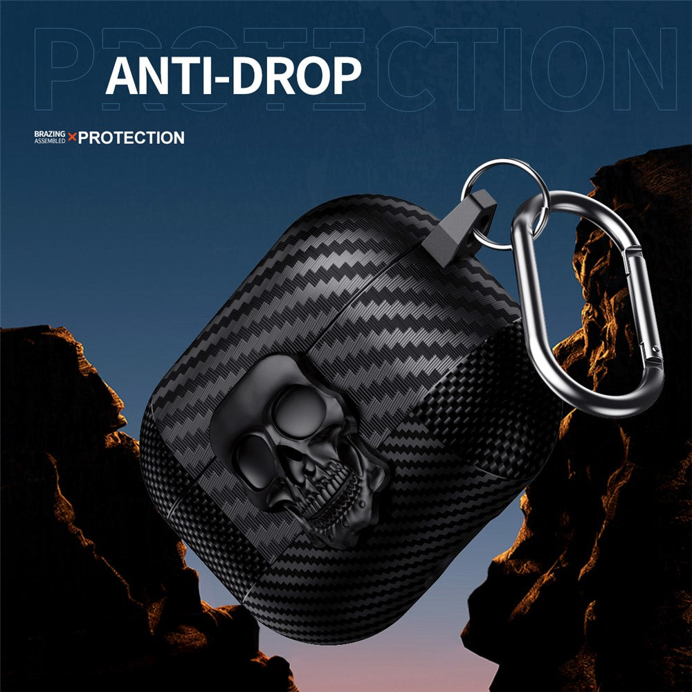 Compatible With  AirPods 5 / 4 Protective Case Skull Design Snap Switch TPU + Metal Earphone Cover with Carabiner - Black