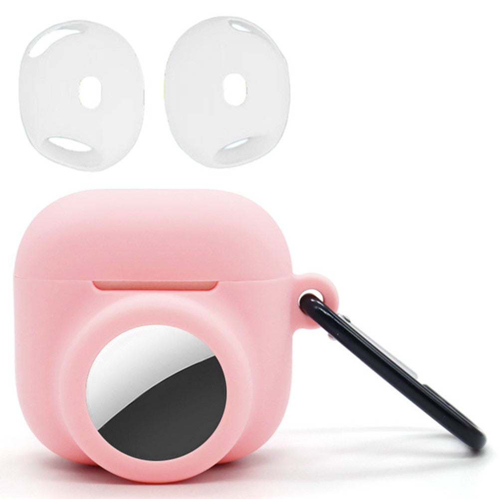 Silicone Case Combo Set Compatible With  AirPods 5 / 4 / AirTag Cover with 2Pcs Earphone Cap and Carabiner - Pink