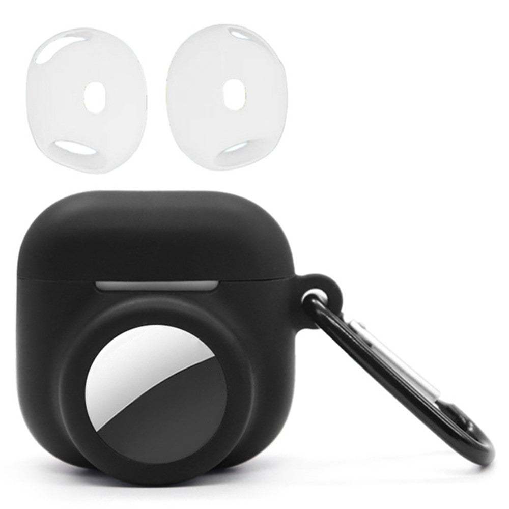 Silicone Case Combo Set Compatible With  AirPods 5 / 4 / AirTag Cover with 2Pcs Earphone Cap and Carabiner - Black