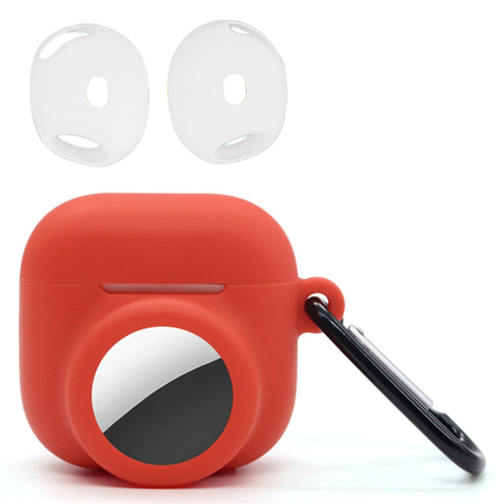Silicone Case Combo Set Compatible With  AirPods 5 / 4 / AirTag Cover with 2Pcs Earphone Cap and Carabiner - Red
