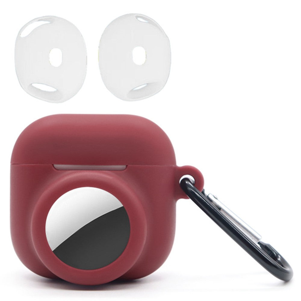 Silicone Case Combo Set Compatible With  AirPods 5 / 4 / AirTag Cover with 2Pcs Earphone Cap and Carabiner - Wine Red