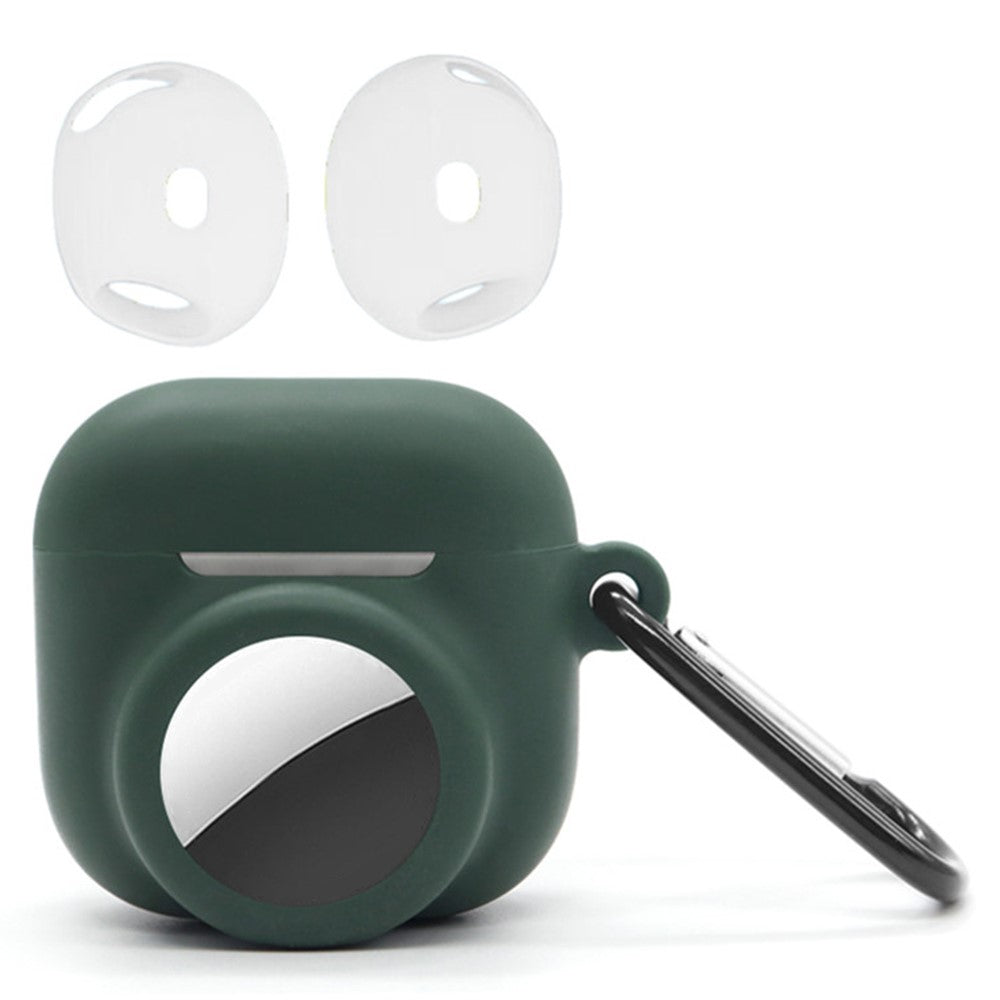 Silicone Case Combo Set Compatible With  AirPods 5 / 4 / AirTag Cover with 2Pcs Earphone Cap and Carabiner - Blackish Green