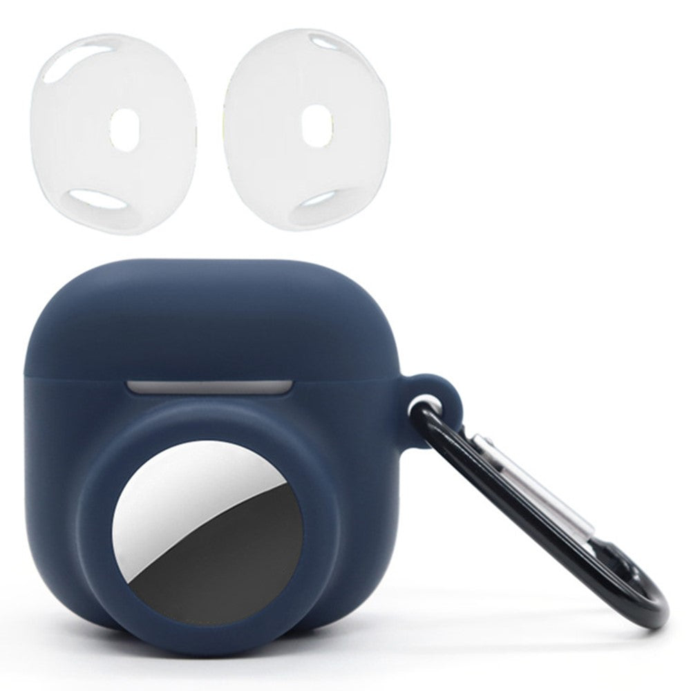 Silicone Case Combo Set Compatible With  AirPods 5 / 4 / AirTag Cover with 2Pcs Earphone Cap and Carabiner - Dark Blue