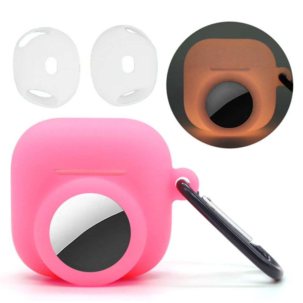 Silicone Case Combo Set Compatible With  AirPods 5 / 4 / AirTag Cover with 2Pcs Earphone Cap and Carabiner - Luminous Pink