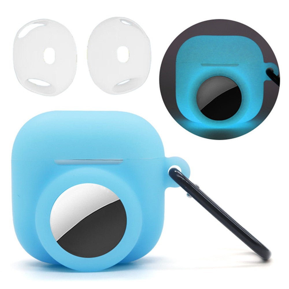 Silicone Case Combo Set Compatible With  AirPods 5 / 4 / AirTag Cover with 2Pcs Earphone Cap and Carabiner - Luminous Blue