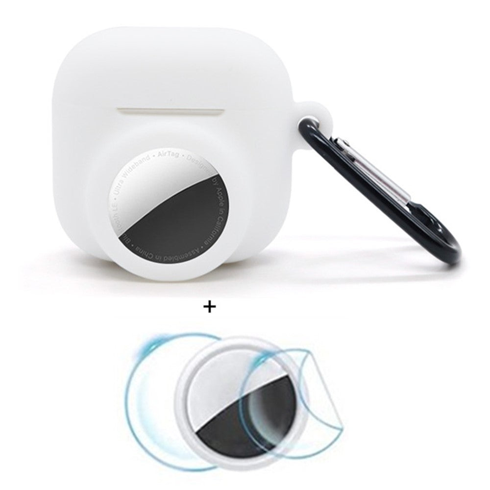 Compatible With  AirPods 5 / 4 / AirTag Silicone Case Earphone Tracker Cover with Carabiner, with Front Back Film Set - White