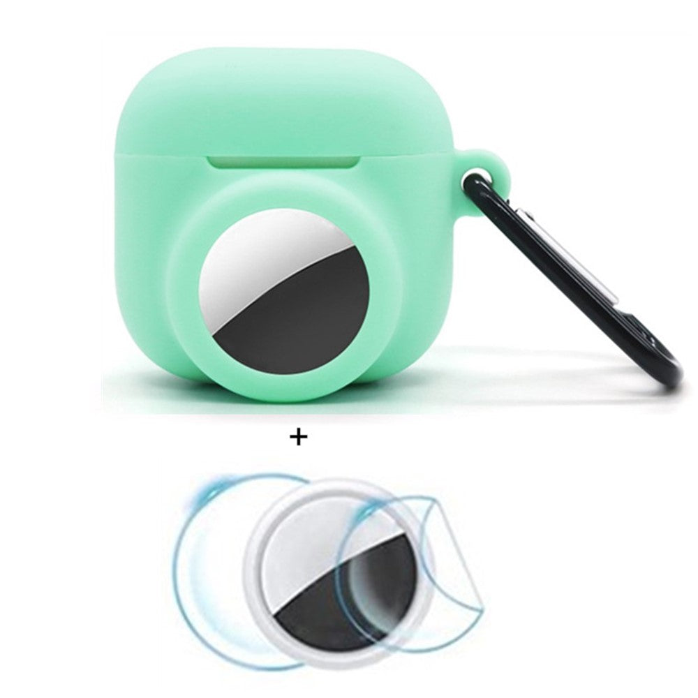 Compatible With  AirPods 5 / 4 / AirTag Silicone Case Earphone Tracker Cover with Carabiner, with Front Back Film Set - Mint Green