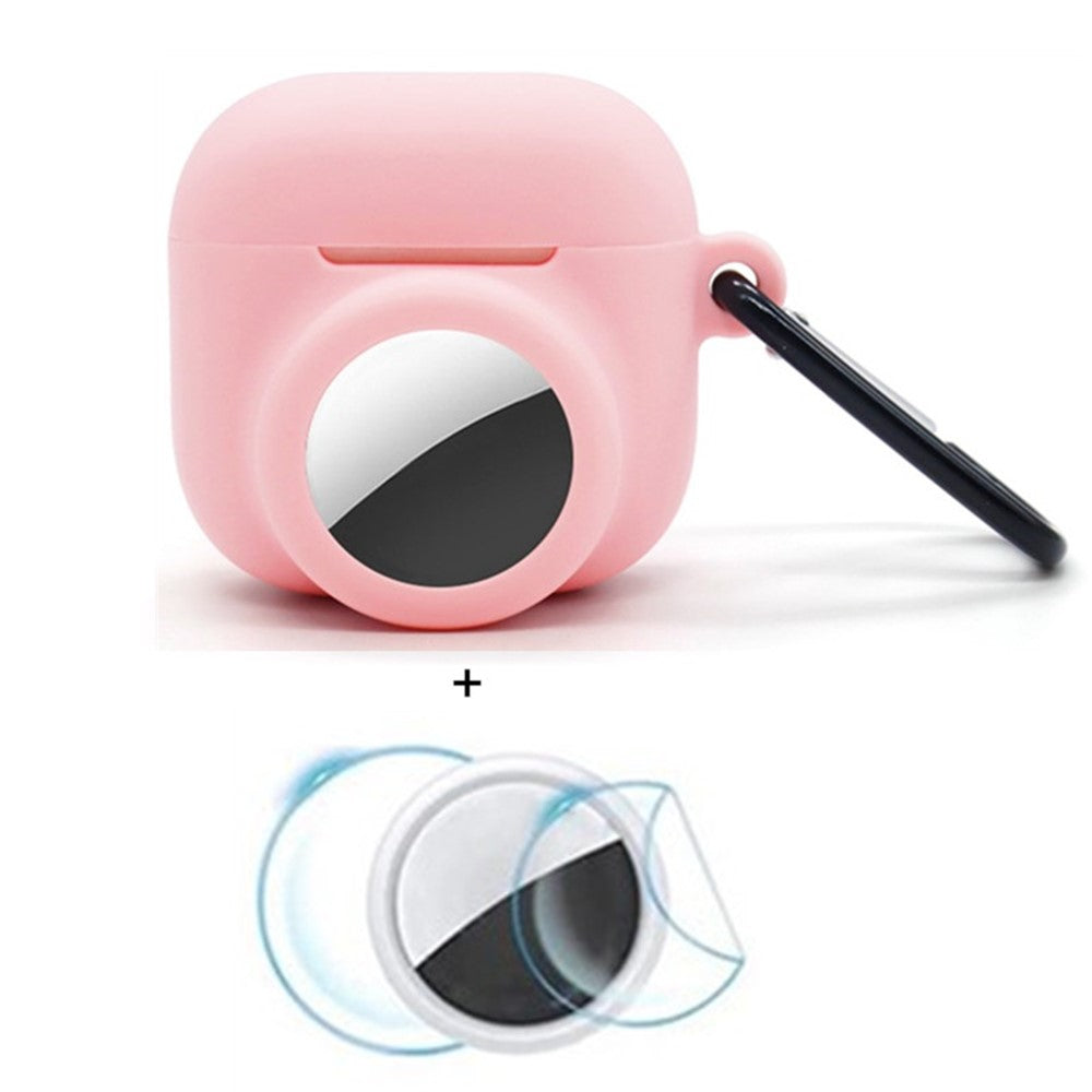Compatible With  AirPods 5 / 4 / AirTag Silicone Case Earphone Tracker Cover with Carabiner, with Front Back Film Set - Pink