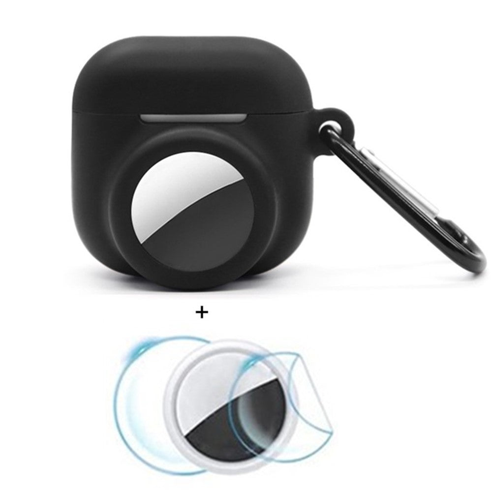 Compatible With  AirPods 5 / 4 / AirTag Silicone Case Earphone Tracker Cover with Carabiner, with Front Back Film Set - Black