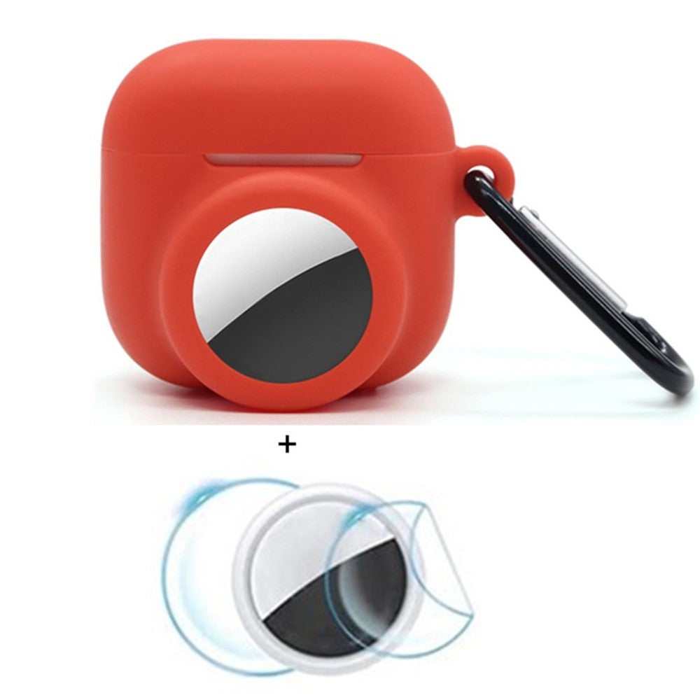 Compatible With  AirPods 5 / 4 / AirTag Silicone Case Earphone Tracker Cover with Carabiner, with Front Back Film Set - Red