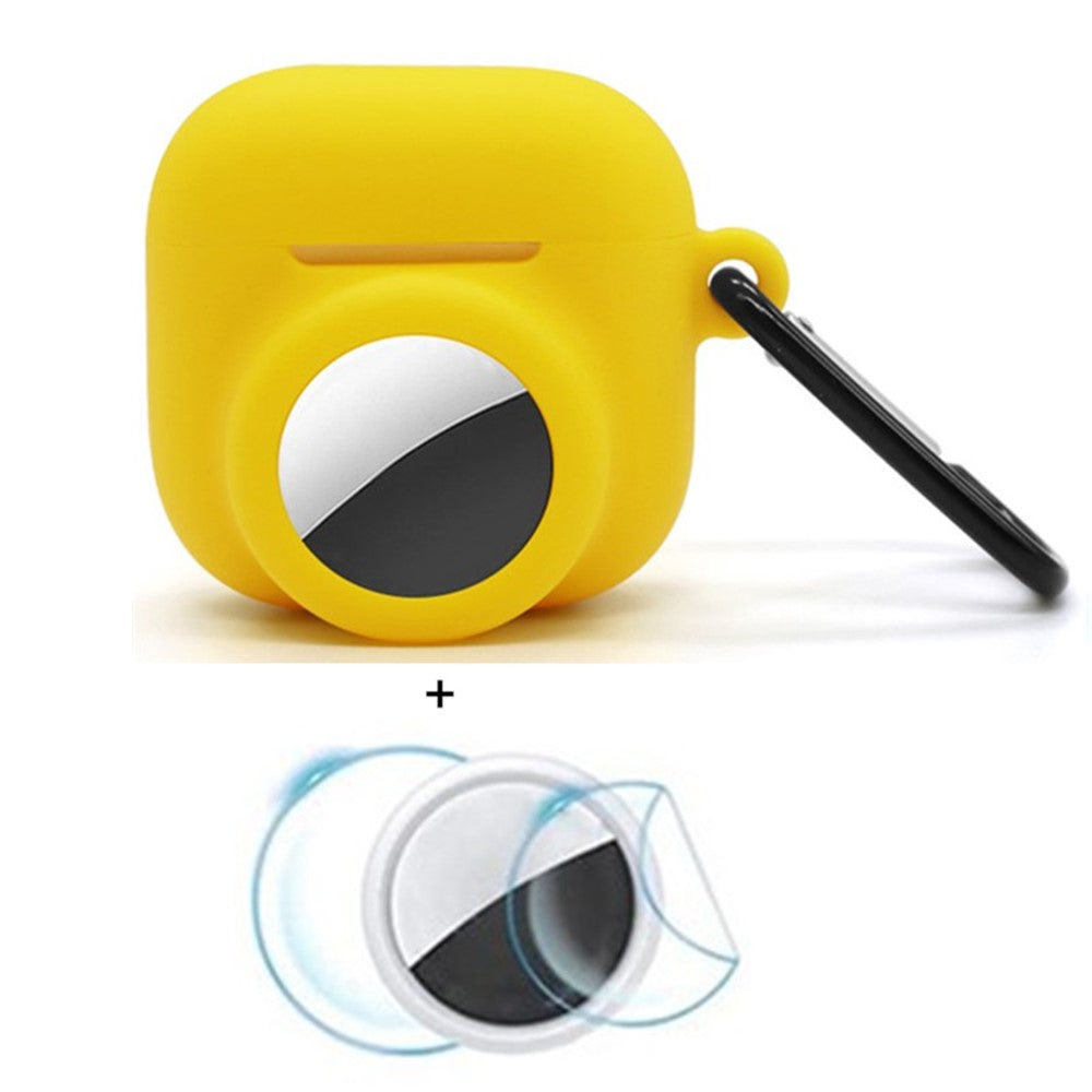 Compatible With  AirPods 5 / 4 / AirTag Silicone Case Earphone Tracker Cover with Carabiner, with Front Back Film Set - Yellow