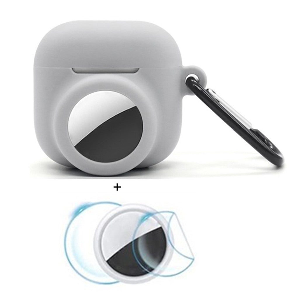 Compatible With  AirPods 5 / 4 / AirTag Silicone Case Earphone Tracker Cover with Carabiner, with Front Back Film Set - Grey