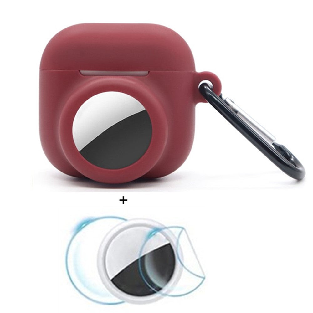 Compatible With  AirPods 5 / 4 / AirTag Silicone Case Earphone Tracker Cover with Carabiner, with Front Back Film Set - Wine Red