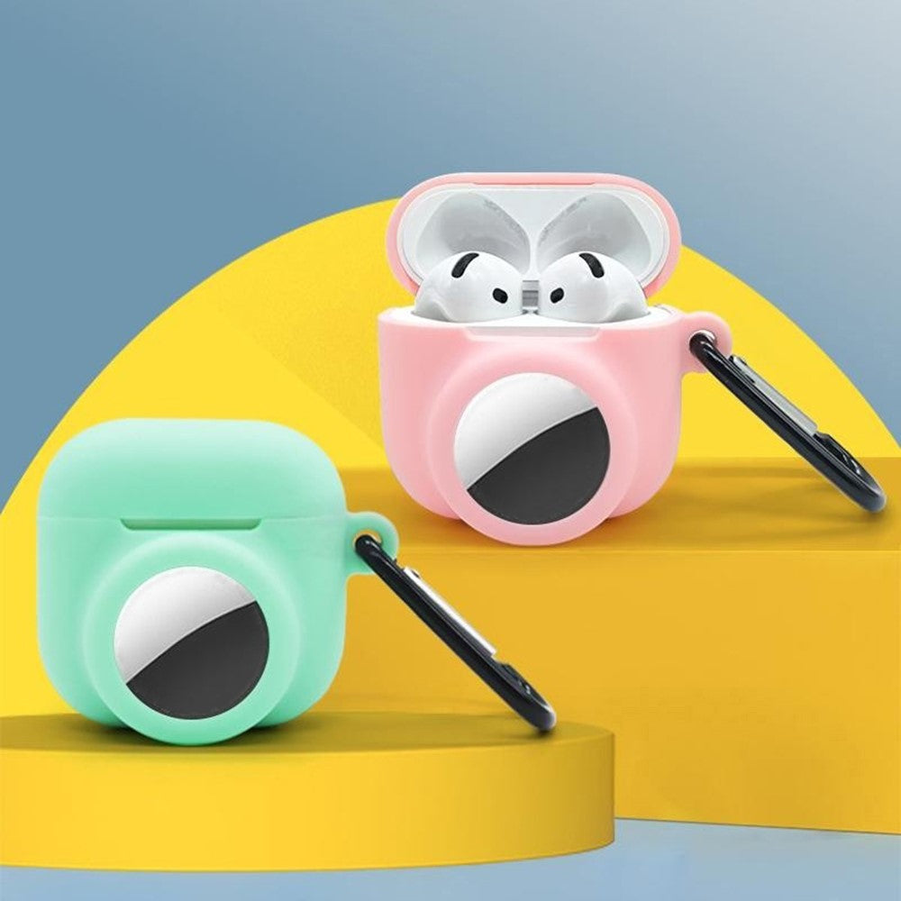 Compatible With  AirPods 5 / 4 / AirTag Silicone Case Earphone Tracker Cover with Carabiner, with Front Back Film Set - Wine Red