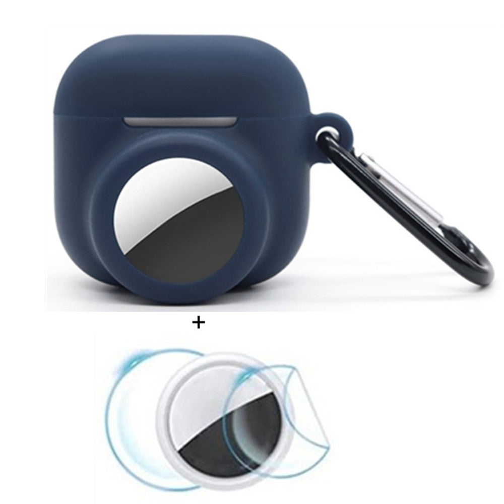 Compatible With  AirPods 5 / 4 / AirTag Silicone Case Earphone Tracker Cover with Carabiner, with Front Back Film Set - Dark Blue