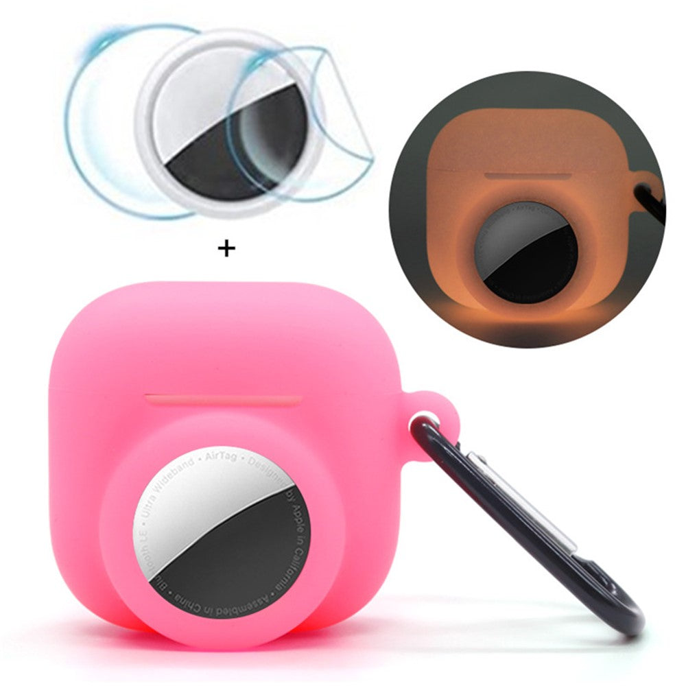 Compatible With  AirPods 5 / 4 / AirTag Silicone Case Earphone Tracker Cover with Carabiner, with Front Back Film Set - Luminous Pink