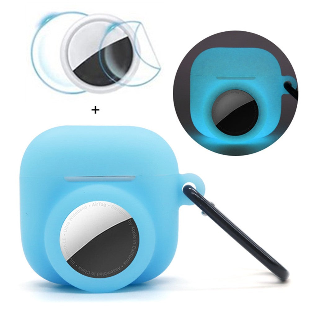 Compatible With  AirPods 5 / 4 / AirTag Silicone Case Earphone Tracker Cover with Carabiner, with Front Back Film Set - Luminous Blue