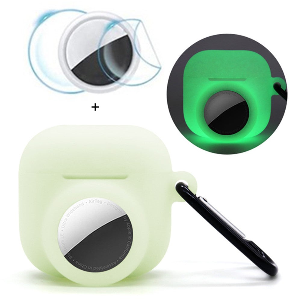 Compatible With  AirPods 5 / 4 / AirTag Silicone Case Earphone Tracker Cover with Carabiner, with Front Back Film Set - Luminous Green