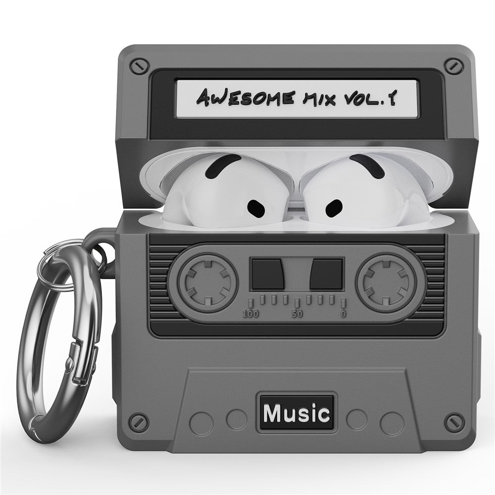 Compatible With  AirPods 5 / 4 Bluetooth-compatible Earphones Case Cassette Tape Design Silicone Cover with Carabiner - Grey