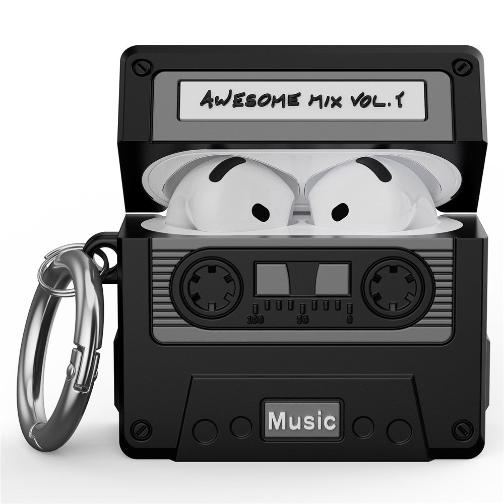 Compatible With  AirPods 5 / 4 Bluetooth-compatible Earphones Case Cassette Tape Design Silicone Cover with Carabiner - Black