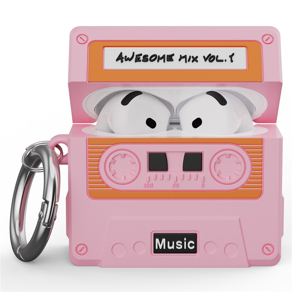 Compatible With  AirPods 5 / 4 Bluetooth-compatible Earphones Case Cassette Tape Design Silicone Cover with Carabiner - Pink