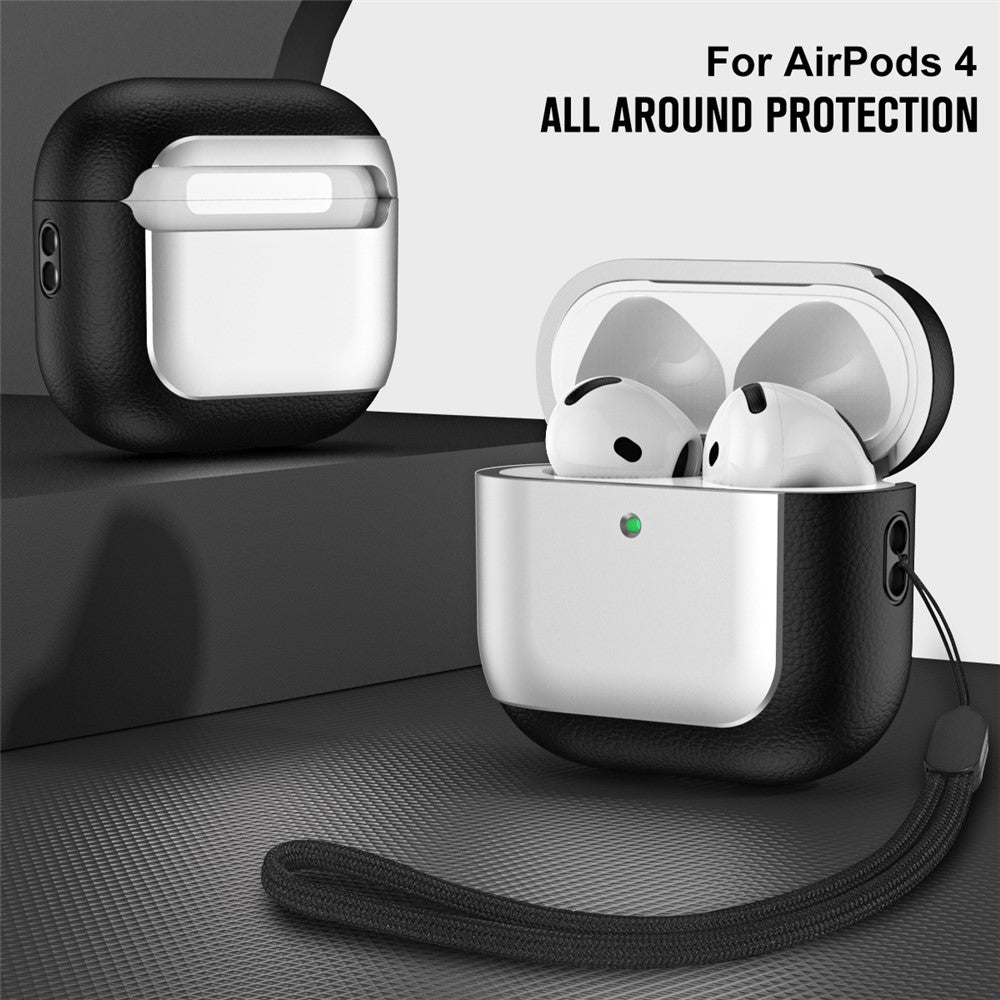 Compatible With  AirPods 5 / 4 TPU Case Electroplating Litchi Texture Fall Prevention Earphone Cover with Lanyard - Silver