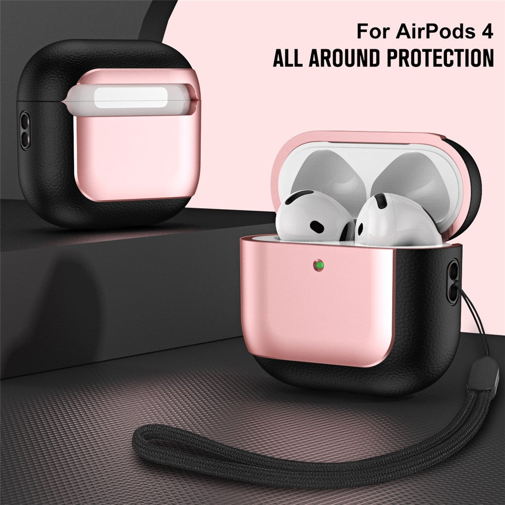 Compatible With  AirPods 5 / 4 TPU Case Electroplating Litchi Texture Fall Prevention Earphone Cover with Lanyard - Rose Gold
