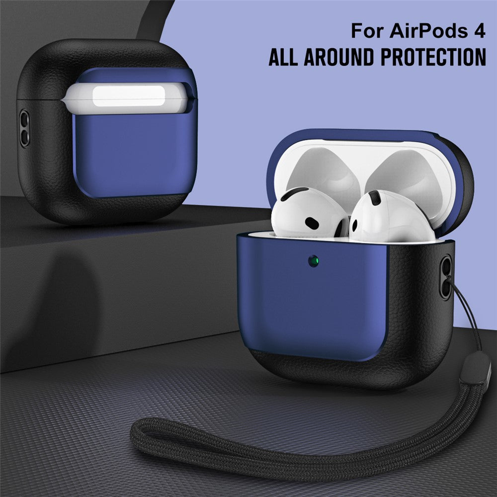 Compatible With  AirPods 5 / 4 TPU Case Electroplating Litchi Texture Fall Prevention Earphone Cover with Lanyard - Blue