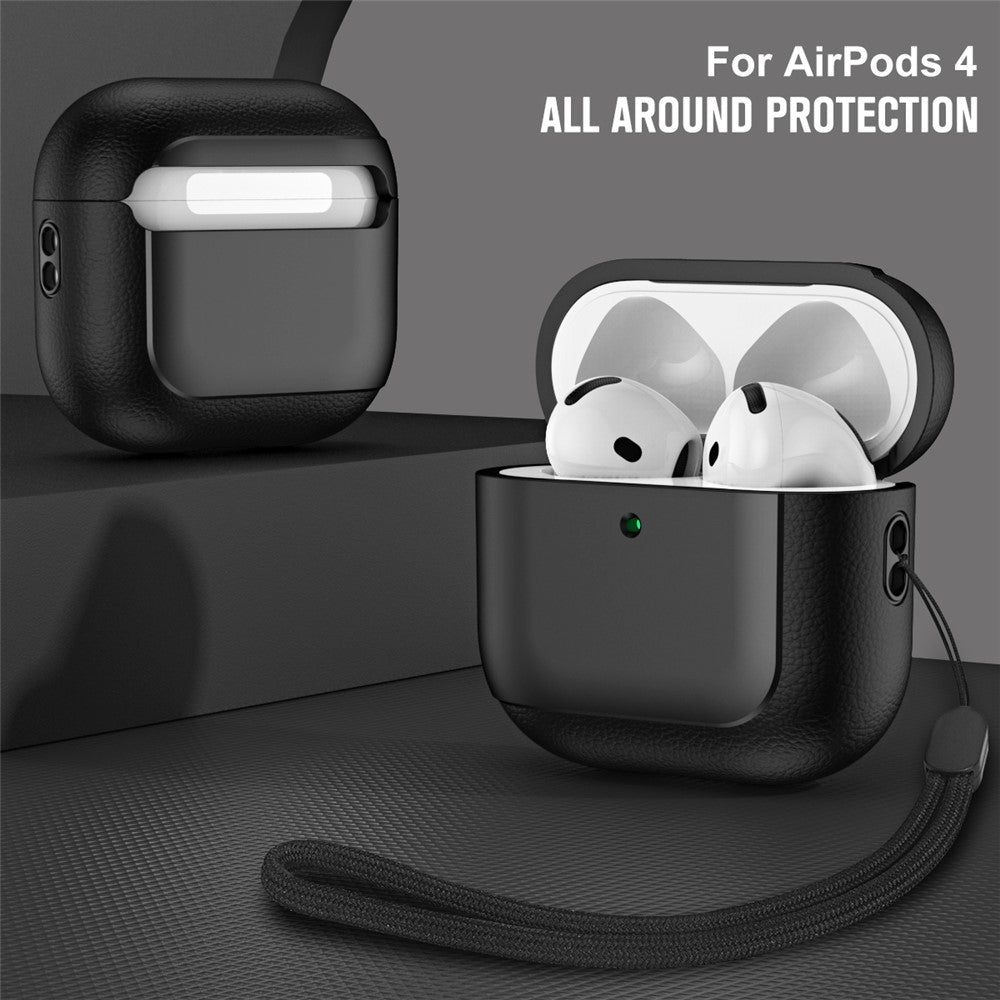 Compatible With  AirPods 5 / 4 TPU Case Electroplating Litchi Texture Fall Prevention Earphone Cover with Lanyard - Black