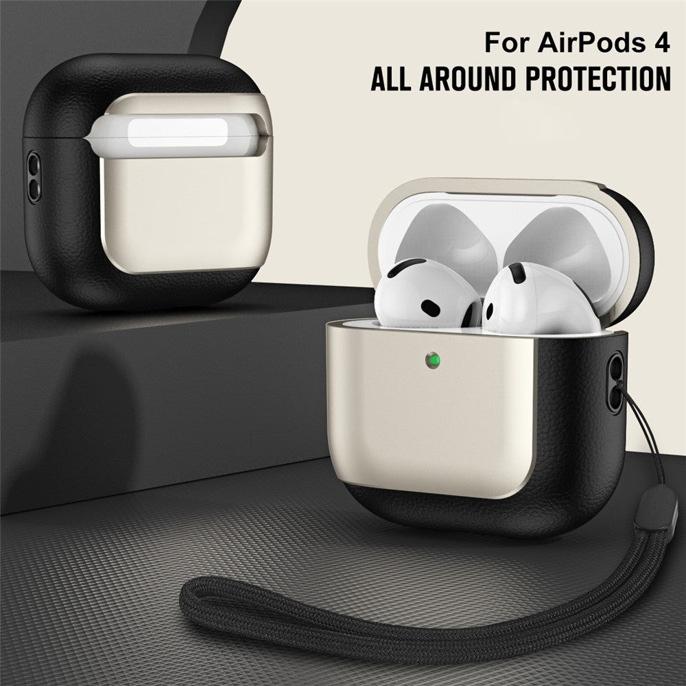 Compatible With  AirPods 5 / 4 TPU Case Electroplating Litchi Texture Fall Prevention Earphone Cover with Lanyard - Titanium Grey