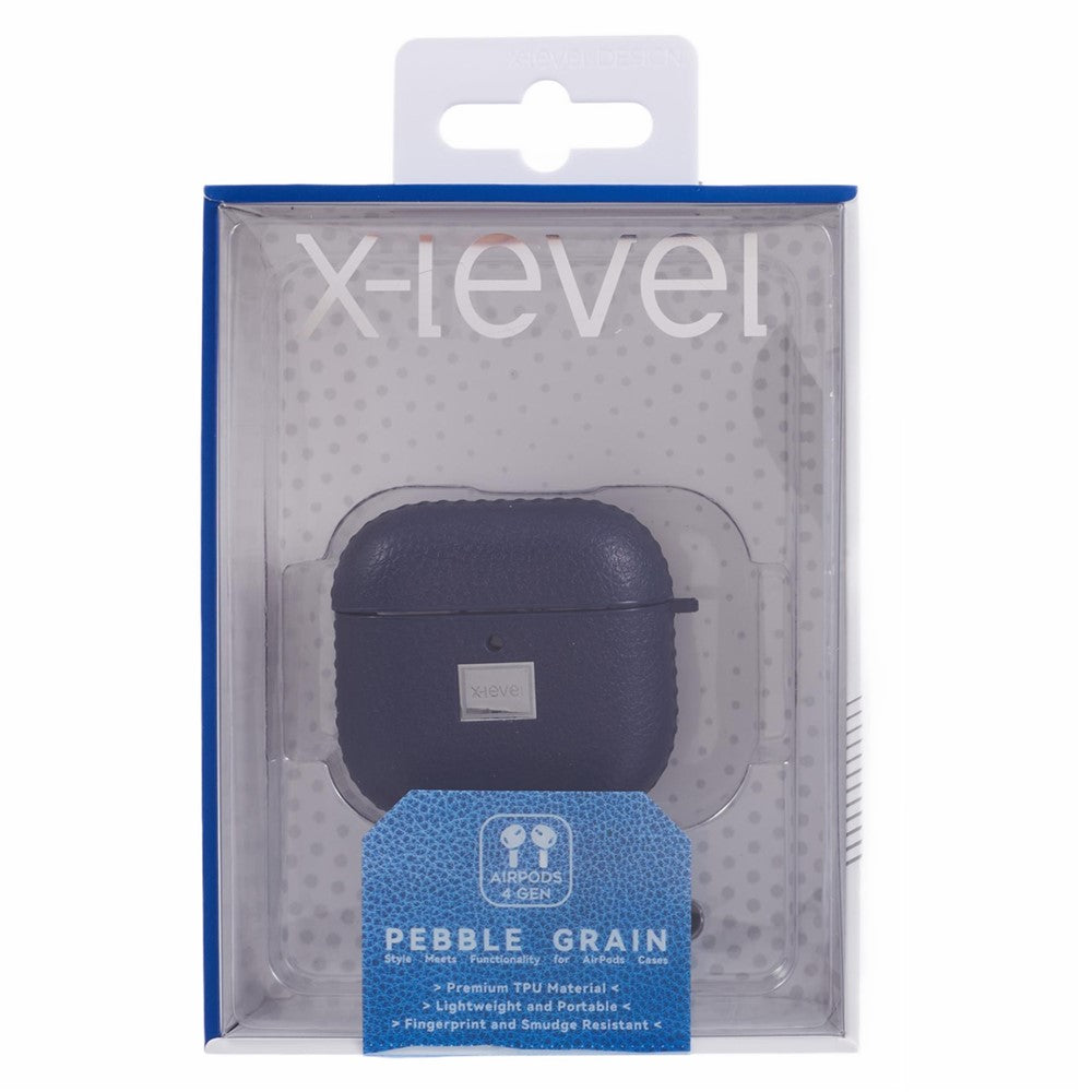 X-LEVEL Compatible With  AirPods 5 / 4 Earphone Case Litchi Texture PU Leather TPU Cover with Carabiner - Blue