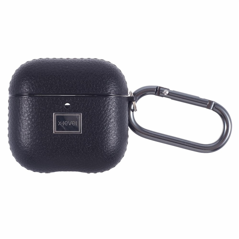 X-LEVEL Compatible With  AirPods 5 / 4 Earphone Case Litchi Texture PU Leather TPU Cover with Carabiner - Black