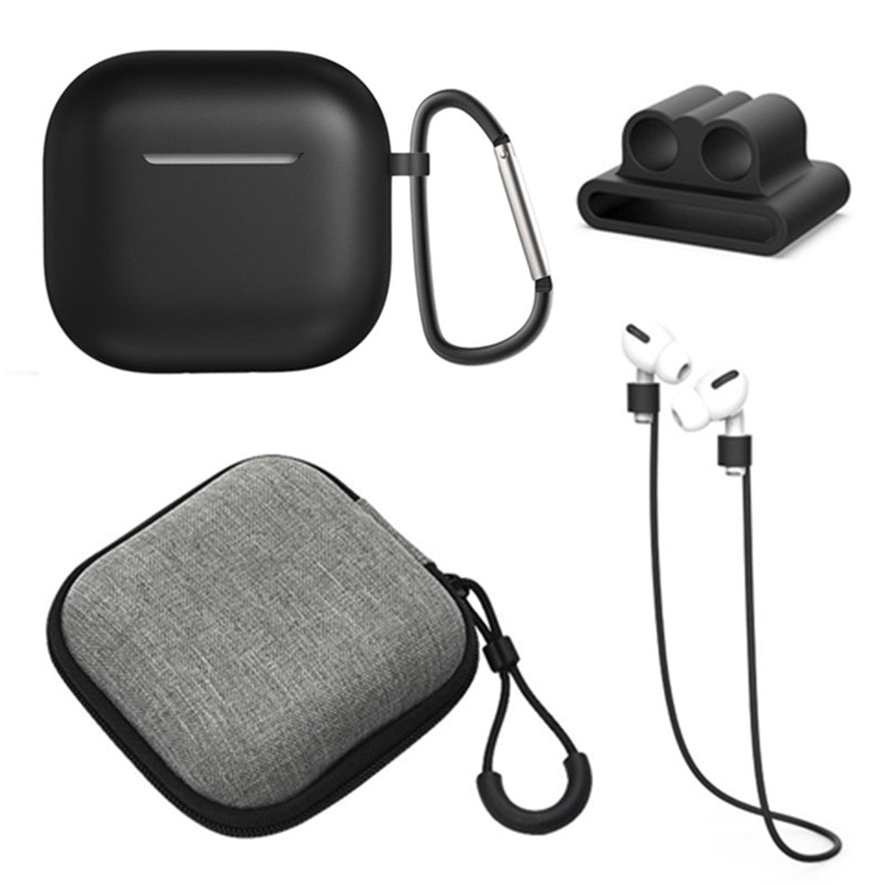 5Pcs Accessory Kit Compatible With  AirPods 5 / 4 Silicone Case + Storage Box + Neck Strap + Earphone Holder + Keychain - Black