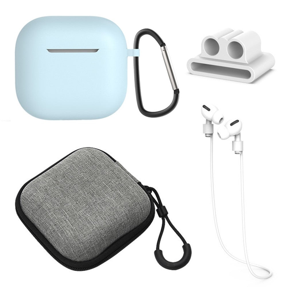 5Pcs Accessory Kit Compatible With  AirPods 5 / 4 Silicone Case + Storage Box + Neck Strap + Earphone Holder + Keychain - Sky Blue