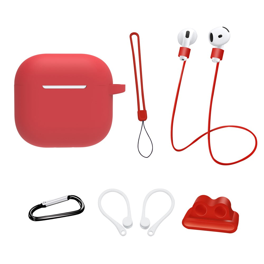 6 in 1 Headset Accessories Compatible With  AirPods 5 / 4 Silicone Case + Carrying Strap + Earphone Holder + Ear Hooks + Neck Strap + Keychain - Red