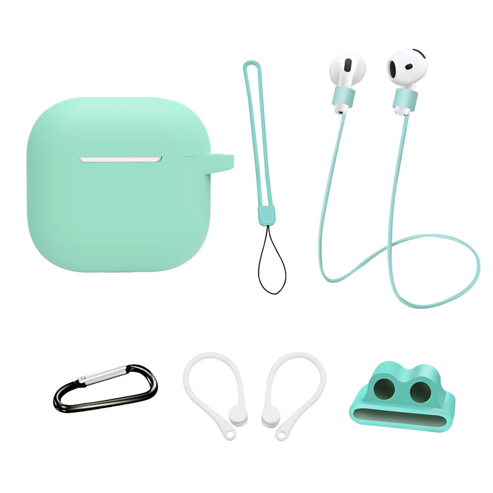 6 in 1 Headset Accessories Compatible With  AirPods 5 / 4 Silicone Case + Carrying Strap + Earphone Holder + Ear Hooks + Neck Strap + Keychain - Mint Green