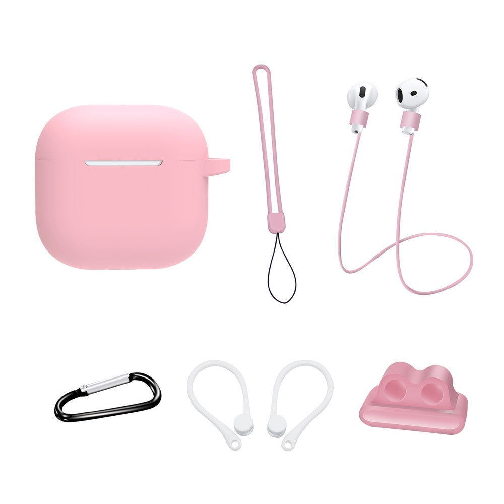 6 in 1 Headset Accessories Compatible With  AirPods 5 / 4 Silicone Case + Carrying Strap + Earphone Holder + Ear Hooks + Neck Strap + Keychain - Pink