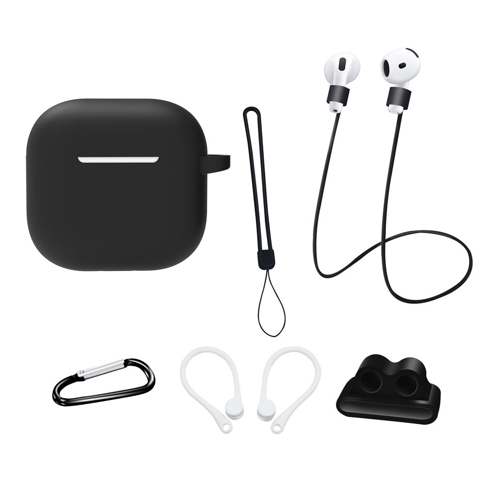 6 in 1 Headset Accessories Compatible With  AirPods 5 / 4 Silicone Case + Carrying Strap + Earphone Holder + Ear Hooks + Neck Strap + Keychain - Black