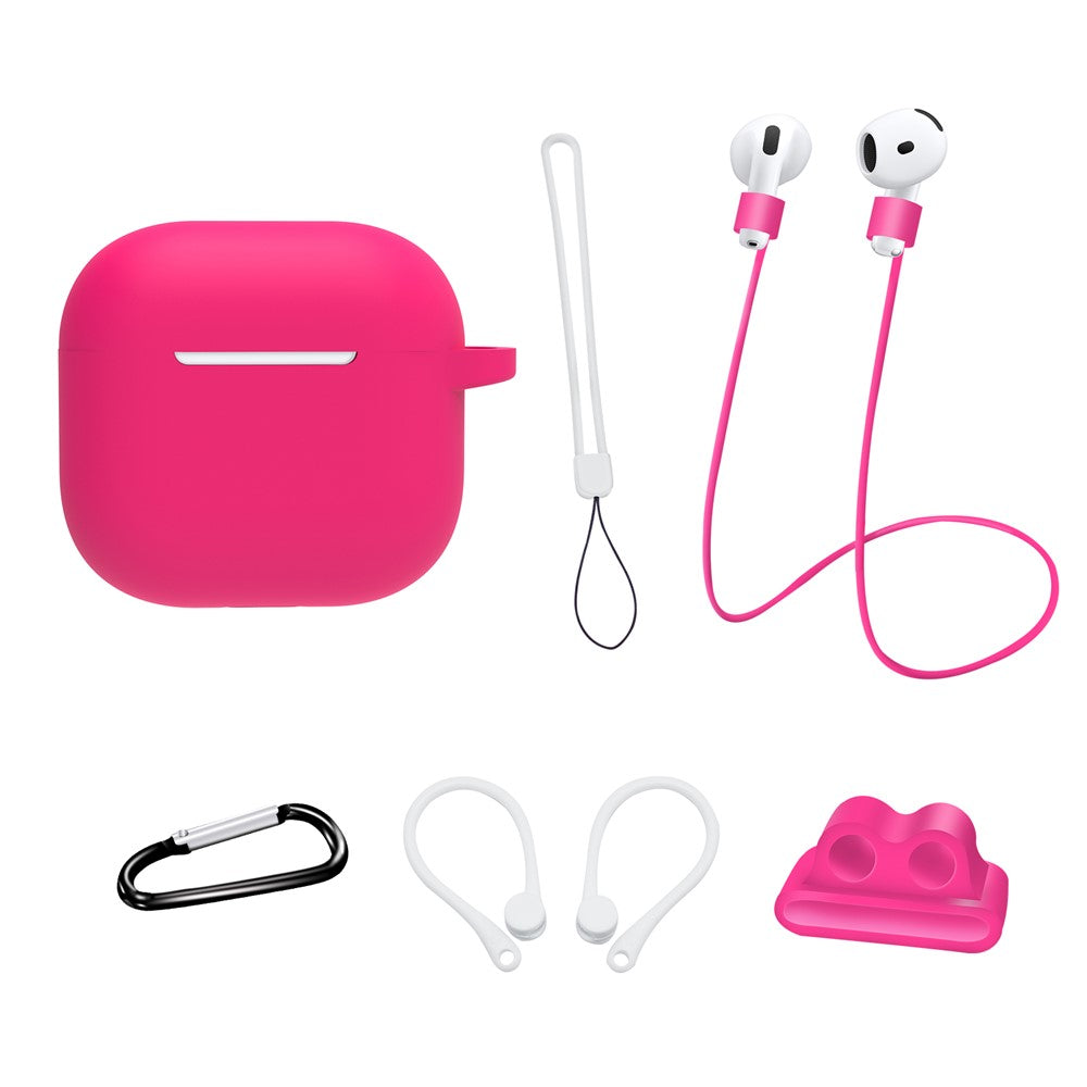 6 in 1 Headset Accessories Compatible With  AirPods 5 / 4 Silicone Case + Carrying Strap + Earphone Holder + Ear Hooks + Neck Strap + Keychain - Rose