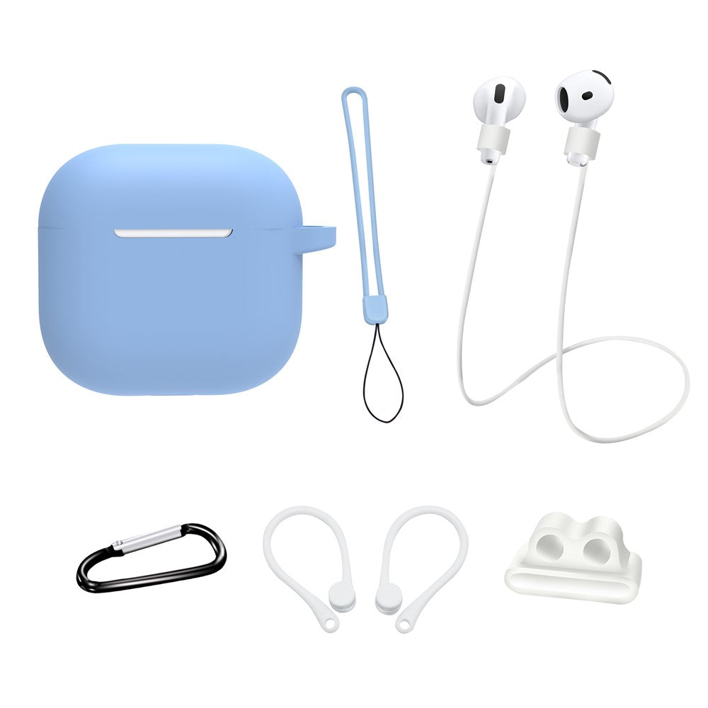 6 in 1 Headset Accessories Compatible With  AirPods 5 / 4 Silicone Case + Carrying Strap + Earphone Holder + Ear Hooks + Neck Strap + Keychain - Sky Blue