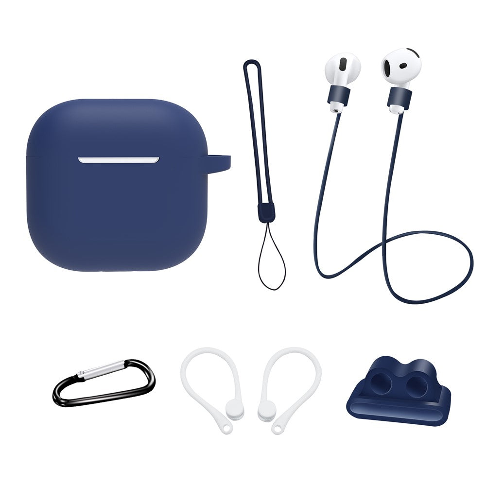 6 in 1 Headset Accessories Compatible With  AirPods 5 / 4 Silicone Case + Carrying Strap + Earphone Holder + Ear Hooks + Neck Strap + Keychain - Midnight Blue