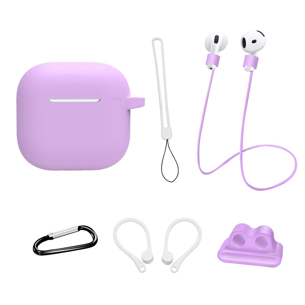 6 in 1 Headset Accessories Compatible With  AirPods 5 / 4 Silicone Case + Carrying Strap + Earphone Holder + Ear Hooks + Neck Strap + Keychain - Purple