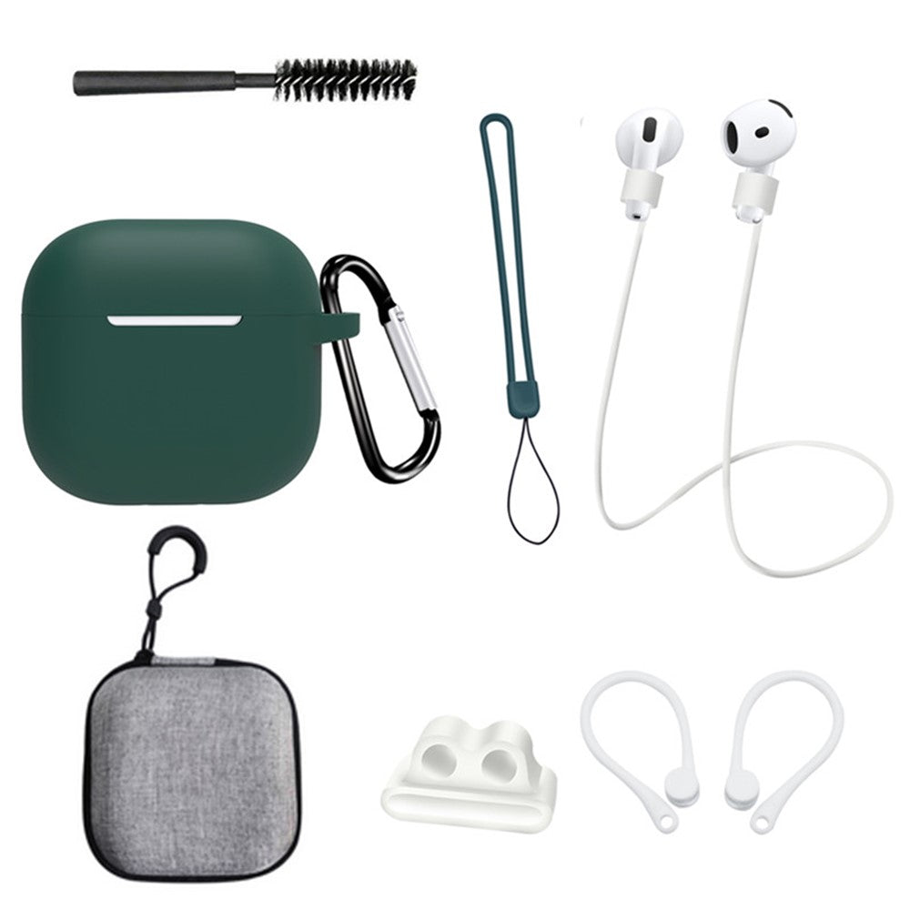 8 Pcs  /  Set Compatible With  AirPods 5 / 4 Protective Case Set with Anti-Lost Strap Watch Clip Ear Hooks Carabiner Cleaning Brush Grey Bag - Blackish Green