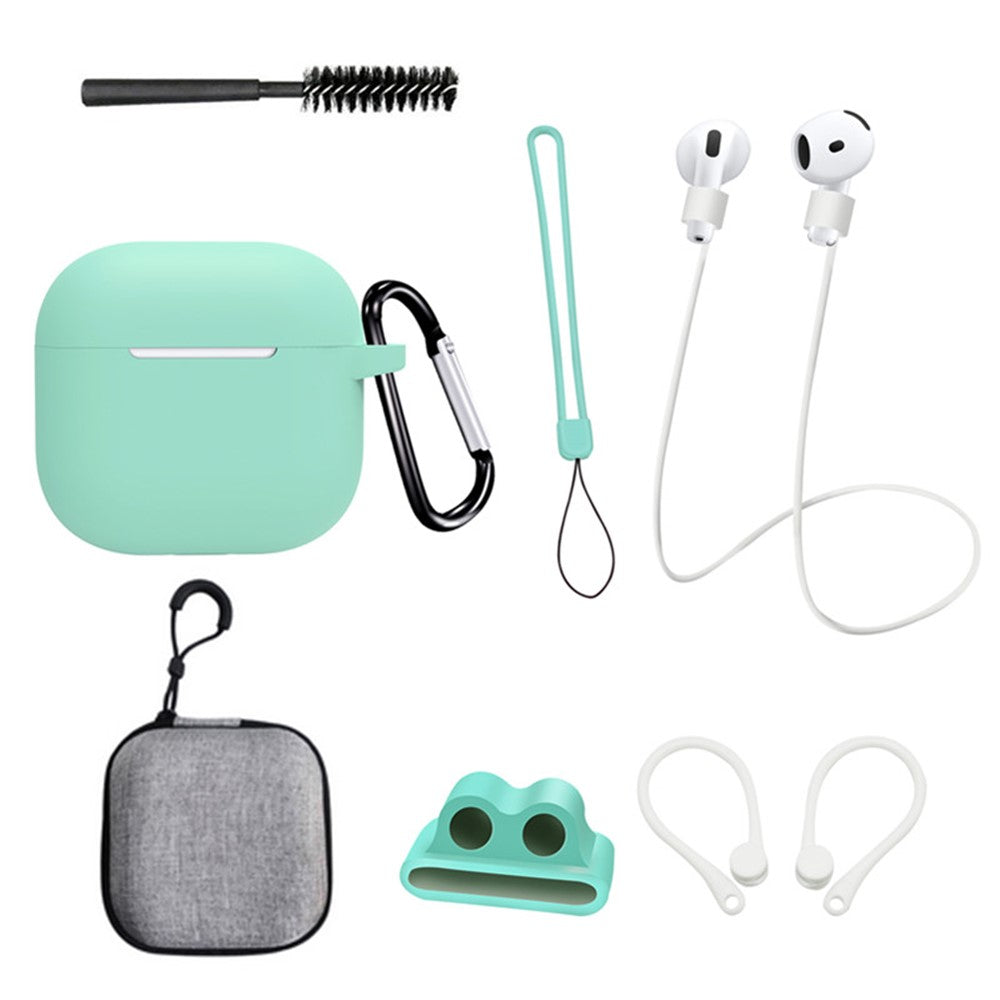 8 Pcs  /  Set Compatible With  AirPods 5 / 4 Protective Case Set with Anti-Lost Strap Watch Clip Ear Hooks Carabiner Cleaning Brush Grey Bag - Mint Green