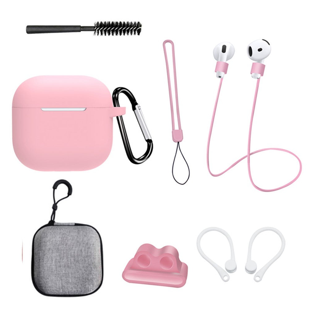 8 Pcs  /  Set Compatible With  AirPods 5 / 4 Protective Case Set with Anti-Lost Strap Watch Clip Ear Hooks Carabiner Cleaning Brush Grey Bag - Pink