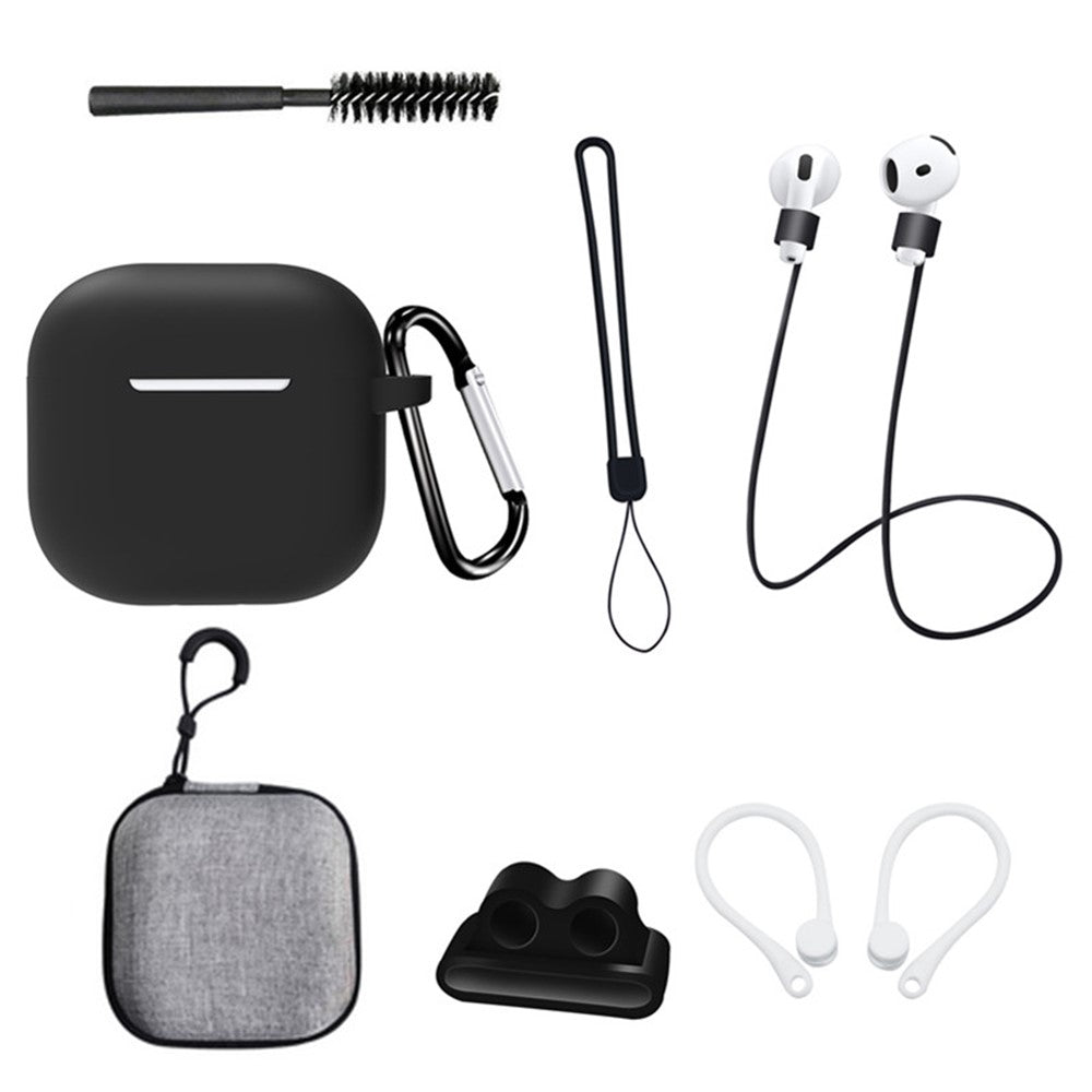 8 Pcs  /  Set Compatible With  AirPods 5 / 4 Protective Case Set with Anti-Lost Strap Watch Clip Ear Hooks Carabiner Cleaning Brush Grey Bag - Black