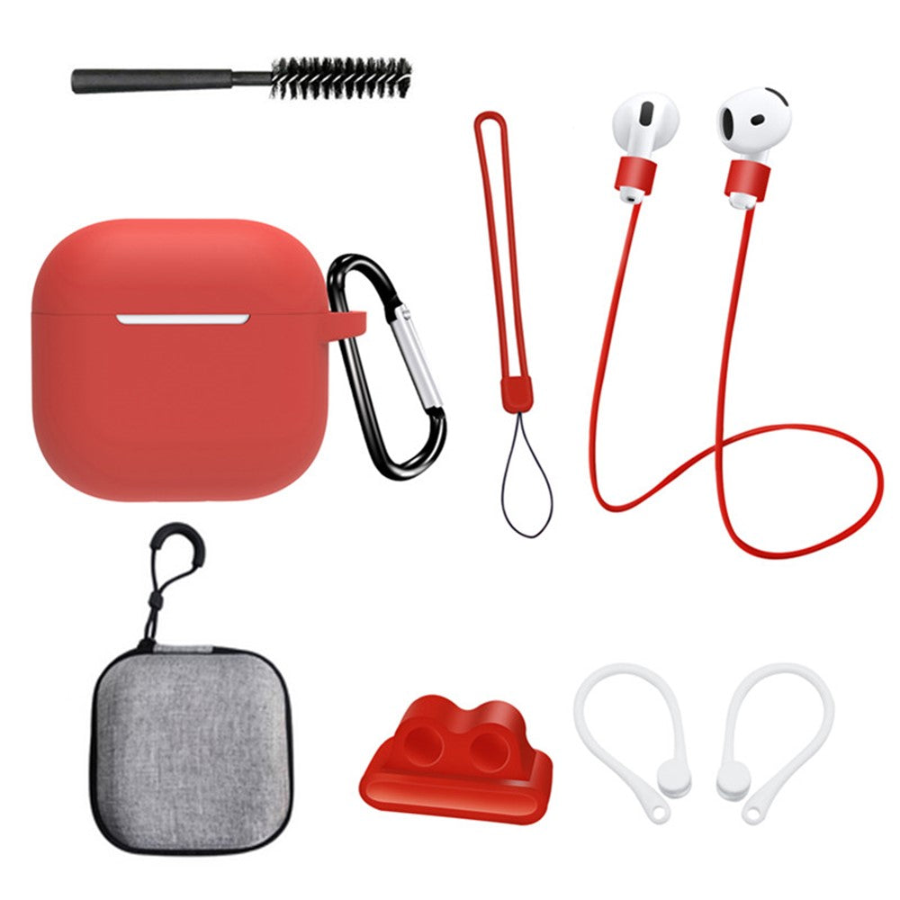 8 Pcs  /  Set Compatible With  AirPods 5 / 4 Protective Case Set with Anti-Lost Strap Watch Clip Ear Hooks Carabiner Cleaning Brush Grey Bag - Red
