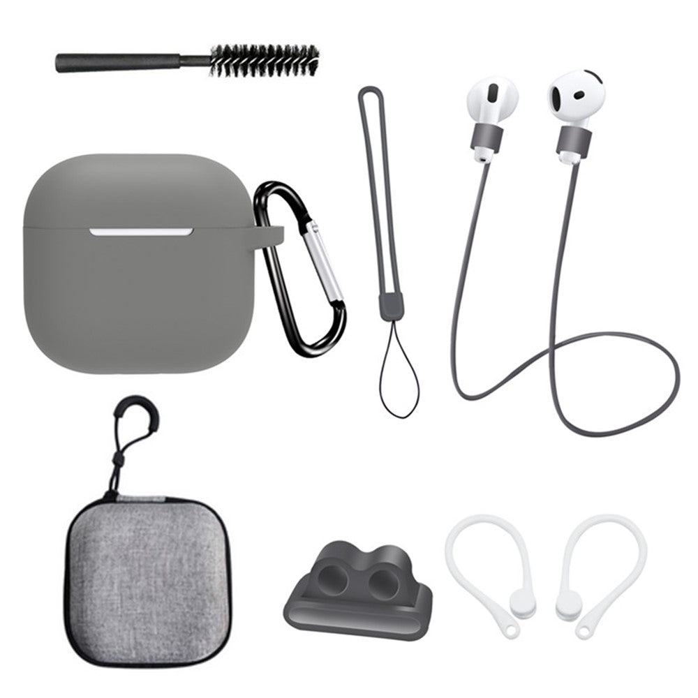 8 Pcs  /  Set Compatible With  AirPods 5 / 4 Protective Case Set with Anti-Lost Strap Watch Clip Ear Hooks Carabiner Cleaning Brush Grey Bag - Grey