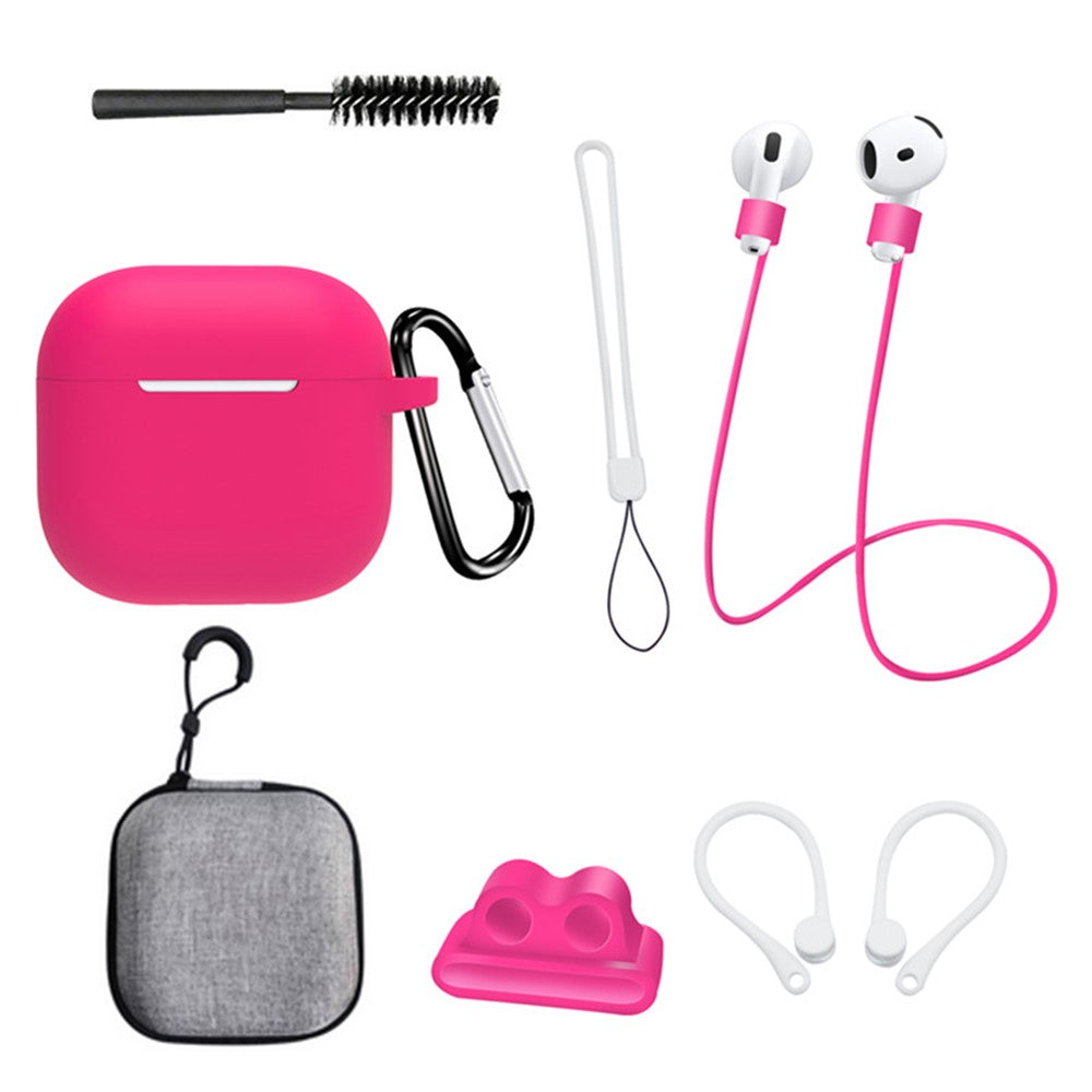 8 Pcs  /  Set Compatible With  AirPods 5 / 4 Protective Case Set with Anti-Lost Strap Watch Clip Ear Hooks Carabiner Cleaning Brush Grey Bag - Rose